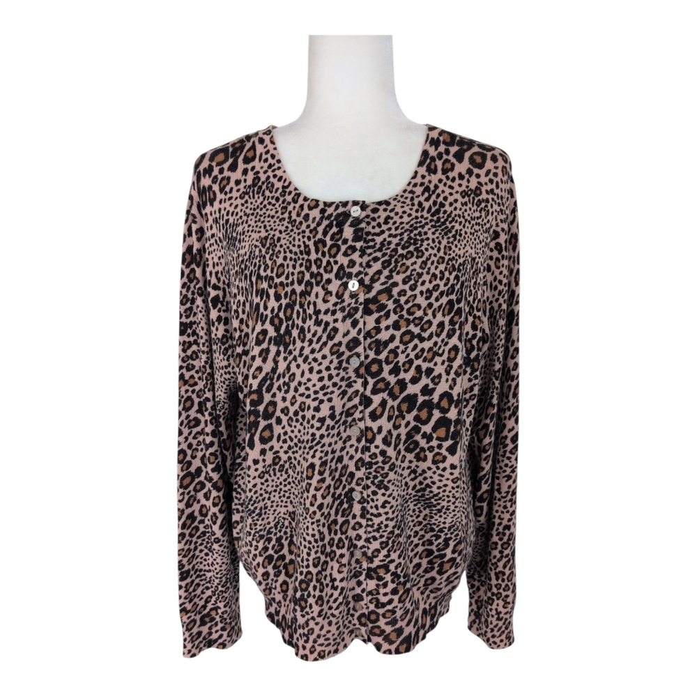 Leopard Print Button Front Knit‎ Cardigan Women’s Long Sleeve Tan Black XL
